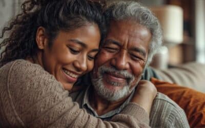 Adult daughter gives her senior father a hug. Concept of adult child-parent relationship, caring for single parents.