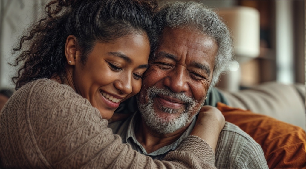 Adult daughter gives her senior father a hug. Concept of adult child-parent relationship, caring for single parents.