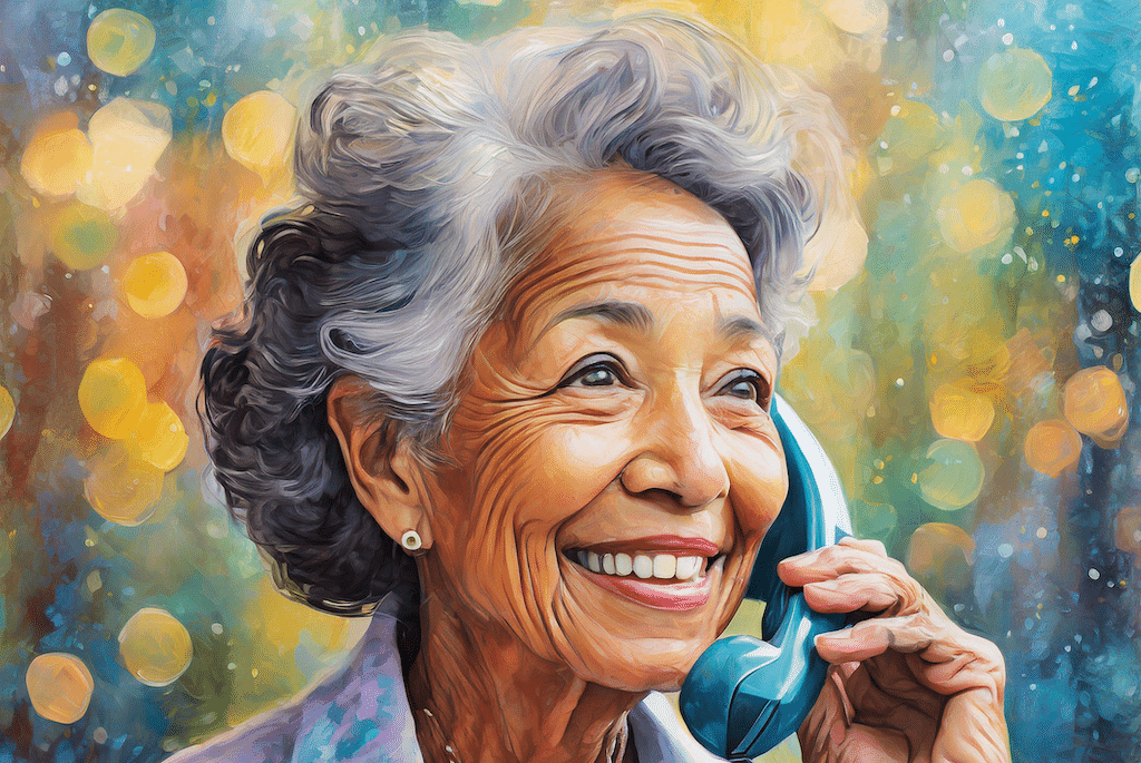 senior talking on landline phone