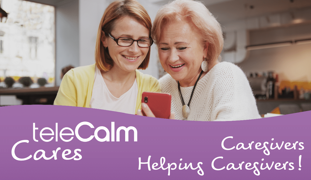 friend showing teleCalm's Caregiver app to another friend